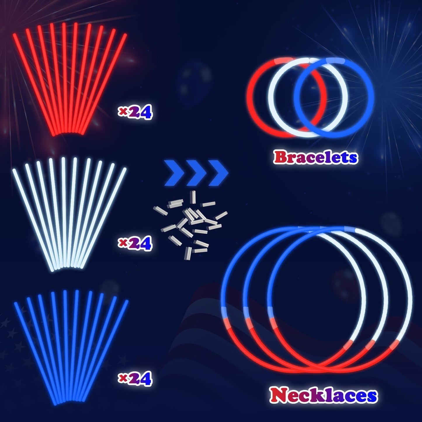 Fourth of July Accessories for Kids, 72 PCS Red White Blue Glow Sticks Party Favors Supplies, Patriotic Treat Goodie Gift Bag Stuffers, Light Up Party Toys Stuff Decor for 4th of July