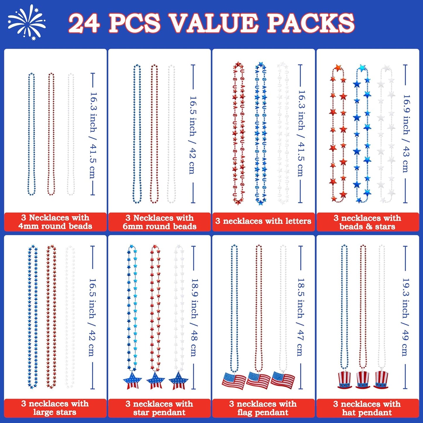 JOYIN July 4th Assorted Patriotic Necklaces, Plastic Red White Blue Beaded Necklaces, Memorial Independence Day Party Parade Dress Up Accessory Supplies