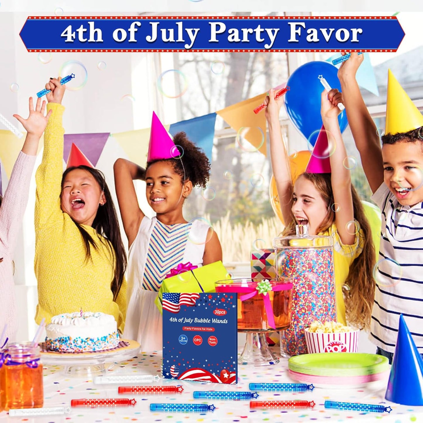 4th of July Party Favors Mini Bubble Wands 30PCS Fourth of July Toys for Kids Red White and Blue Bubbles Independence Day Decorations Patriotic Accessories Classroom Prizes Outdoor Gifts Girls Boys