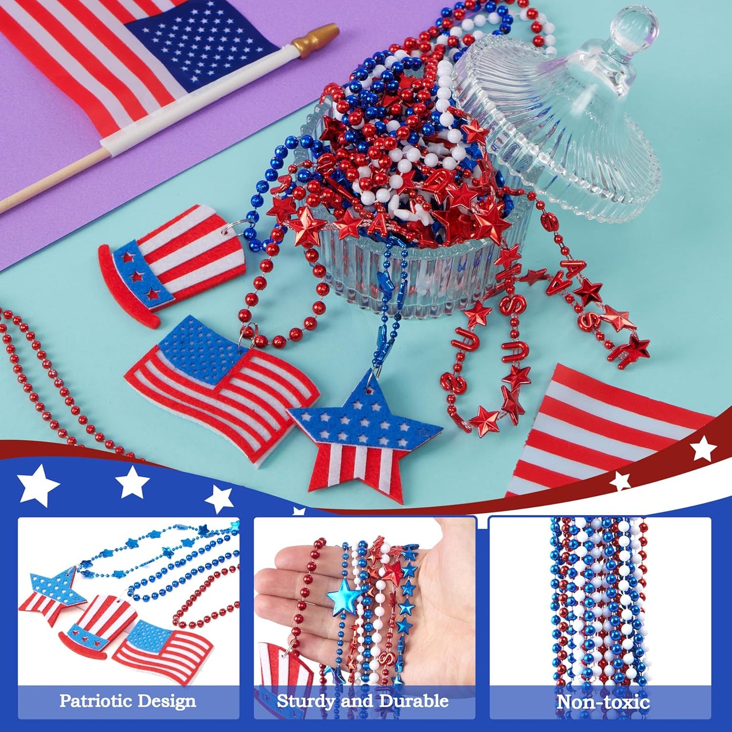 JOYIN July 4th Assorted Patriotic Necklaces, Plastic Red White Blue Beaded Necklaces, Memorial Independence Day Party Parade Dress Up Accessory Supplies