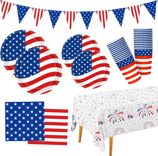 4th of July Decorations Patriotic Party Supplies Disposable Plates Napkins Cups Tablecloth and American Flag Pennant Decor for Fourth of July Independence Veterans Election Memorial Day Serve 25
