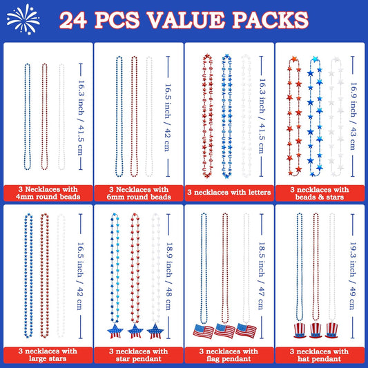 JOYIN July 4th Assorted Patriotic Necklaces, Plastic Red White Blue Beaded Necklaces, Memorial Independence Day Party Parade Dress Up Accessory Supplies