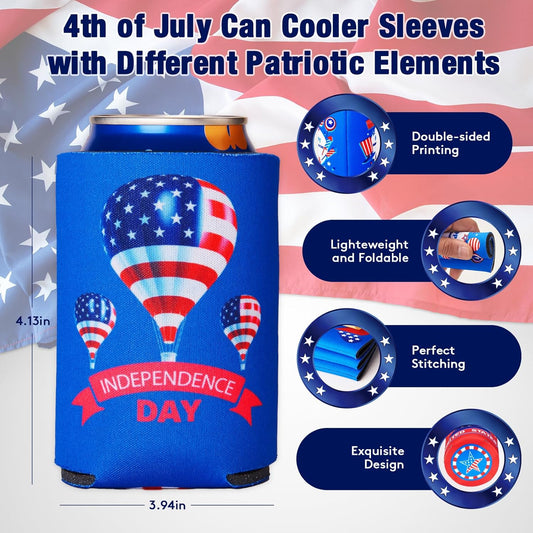 4th of July Decorations Red White Blue Decorations 16 PCs Can Cooler Sleeves for Independence Day Accessories, Collapsible Insulation Cover for Patriotic Party Supplies Memorial Day Decorations