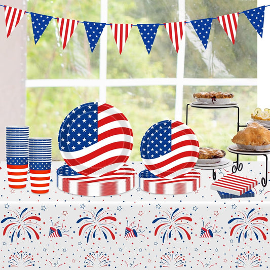4th of July Decorations Patriotic Party Supplies Disposable Plates Napkins Cups Tablecloth and American Flag Pennant Decor for Fourth of July Independence Veterans Election Memorial Day Serve 25